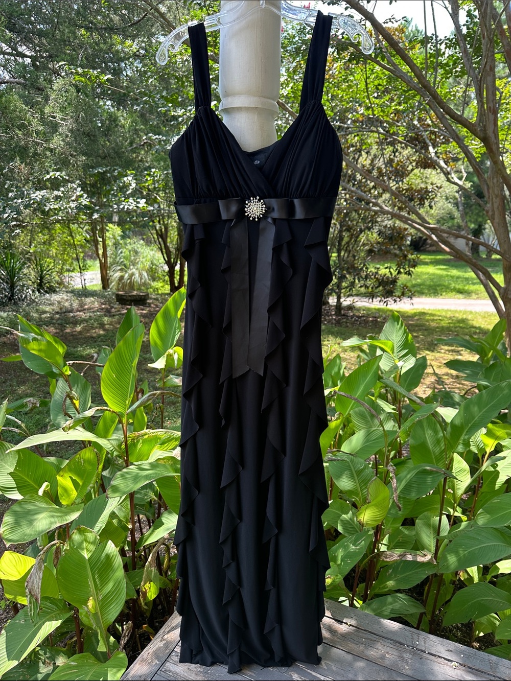 Scarlett Nite Black Ruffle Maxi Dress with Satin Waist and Brooch